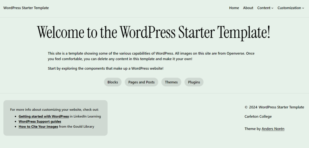 Screenshot of the Starter WordPress template in CarlSites