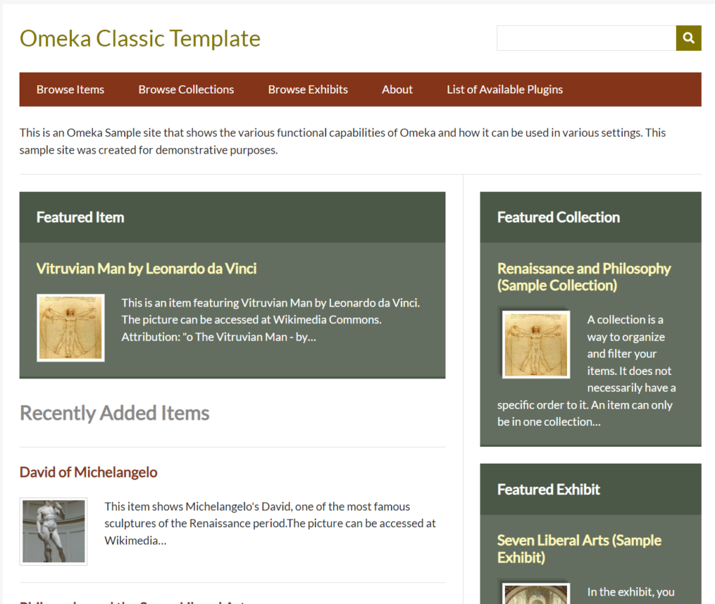 Screenshot of the Starter Omeka Classic template in CarlSites